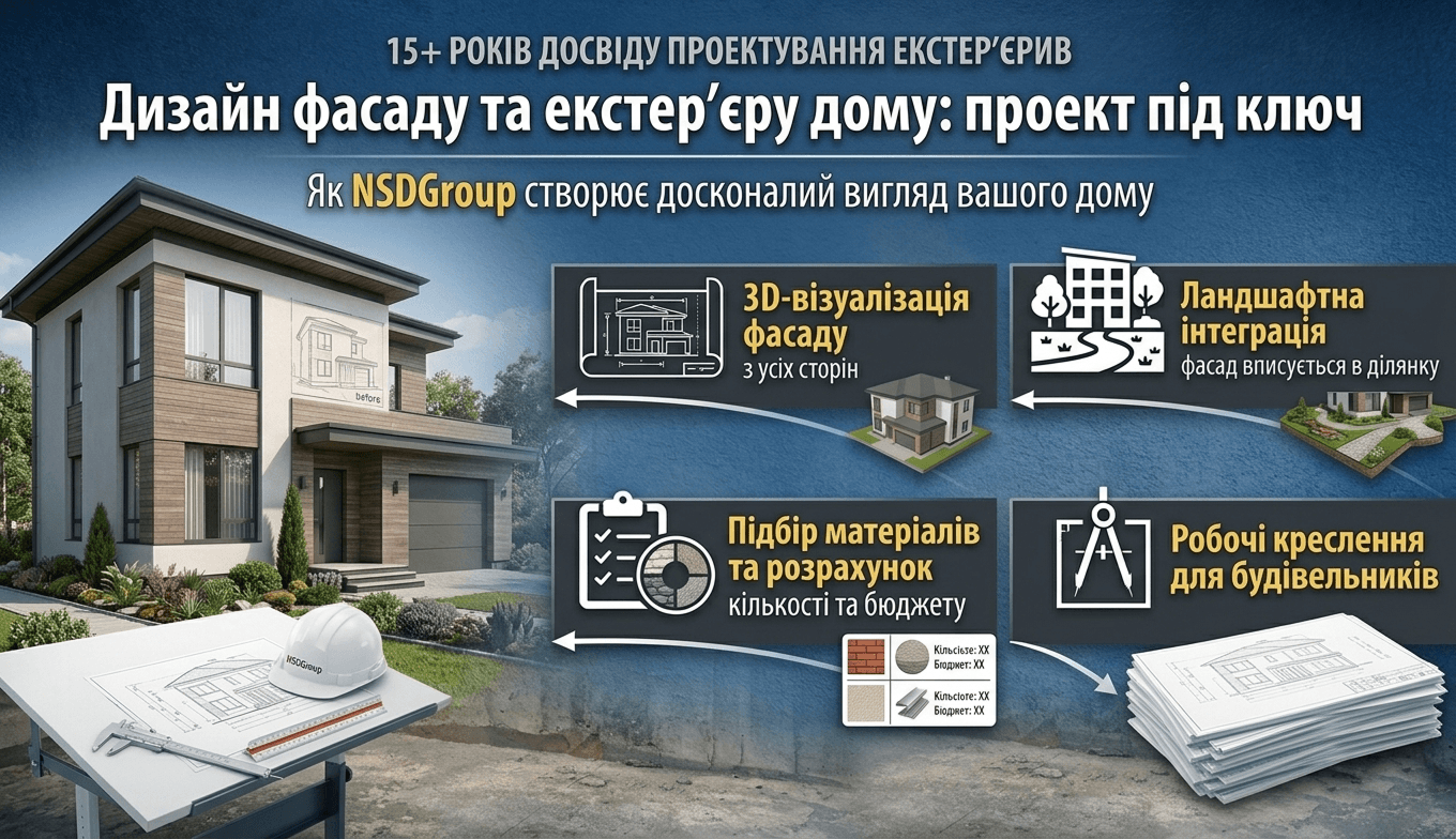 Дизайн фасаду та екстер'єру будинку — проєкт під ключ