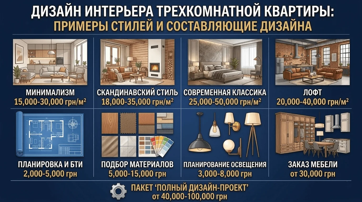 Дизайн интерьера трехкомнатной квартиры