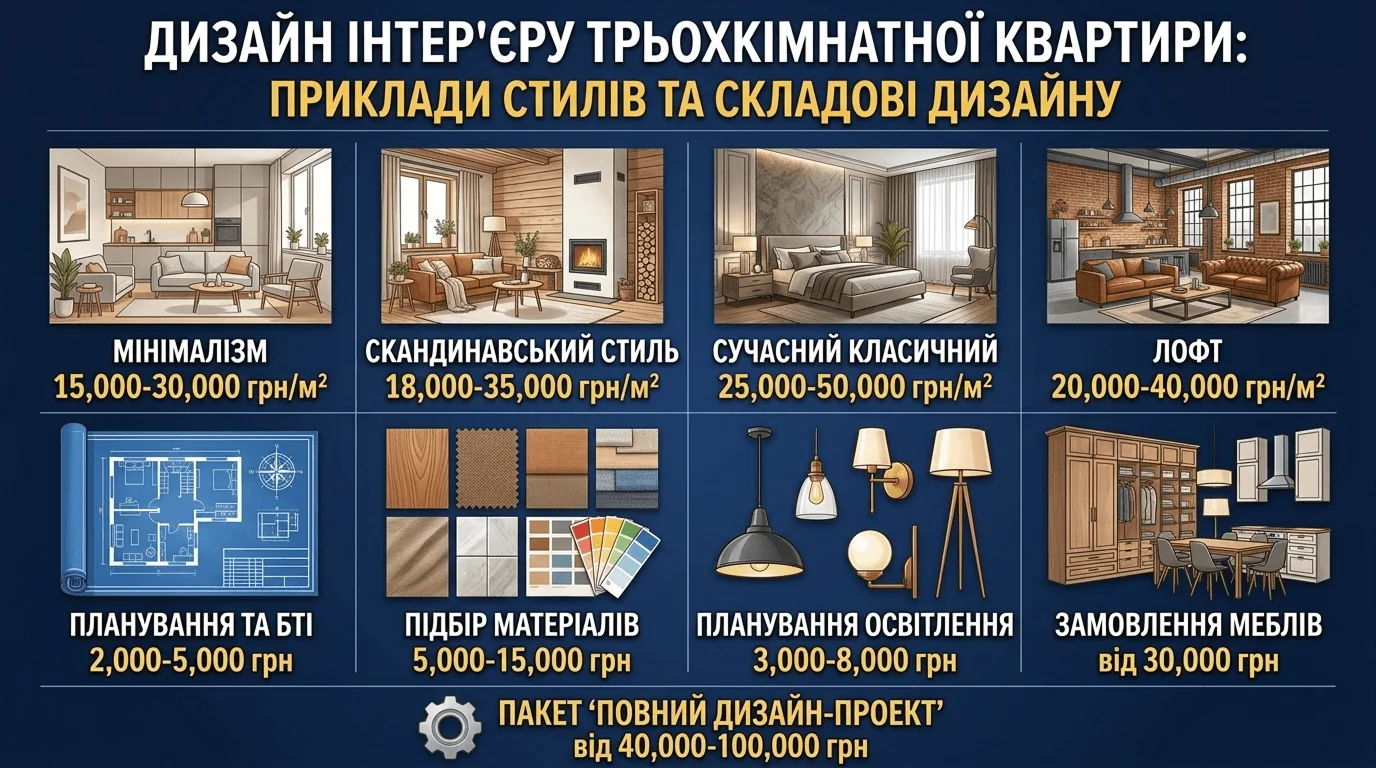 Дизайн интерьера трехкомнатной квартиры 