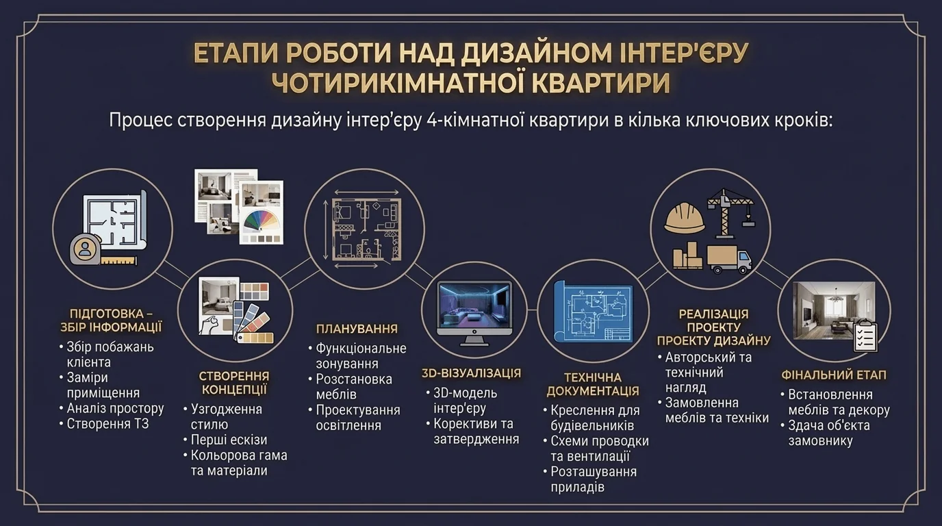 Етапи роботи над дизайном інтер'єру чотирикімнатної квартири