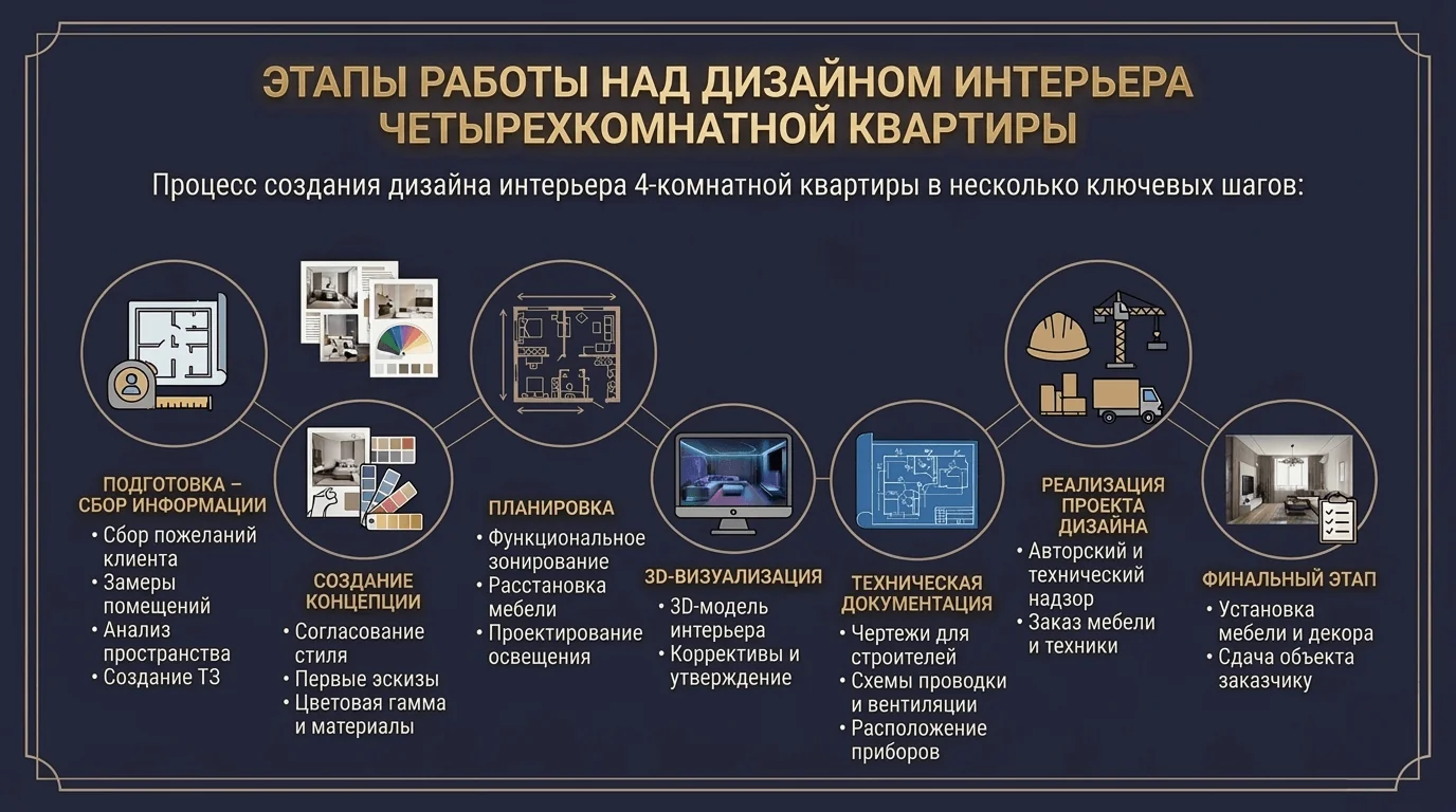 Этапы работы над дизайном интерьера четырехкомнатной квартиры 