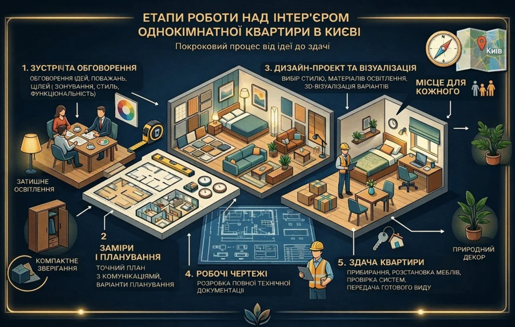 Етапи работи однокімнатної квартири інфографіка