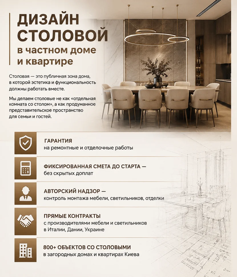 Дизайн столовой в частном доме и квартире — проект в Киеве