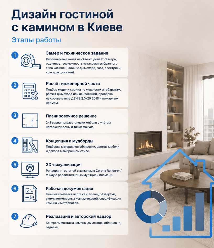 Дизайн гостиной с камином в Киеве 