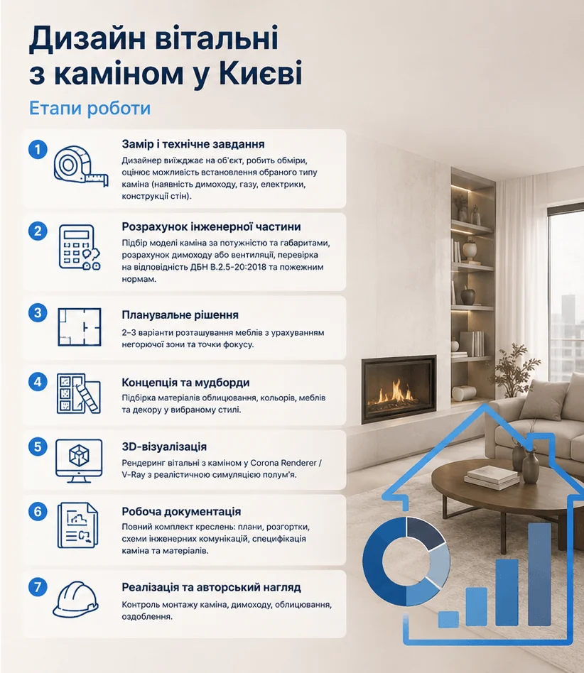 Дизайн вітальні з каміном у Києві